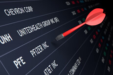 Dart stuck in Pfizer stock Stock ticker showing stock names and dart stuck in Pfizer row indicating a random stock pick