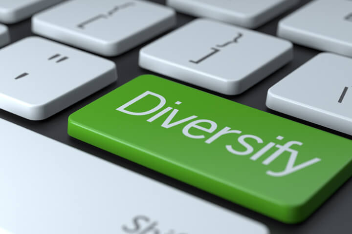 Laptop keyboard with large green Diversify key for stock portfolio diversification