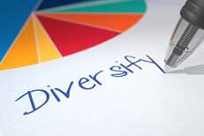 Diversify written on paper Paper with pie chart with word Diversify written with ballpoint pen