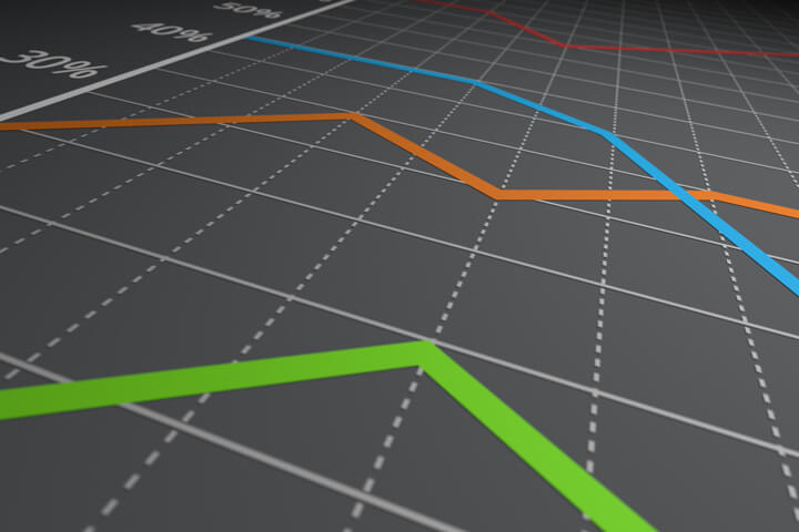 Close up view of colorful line chart on dark background