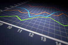 Investment line chart with spot light Colorful investment line chart on dark blue background with spot light in center