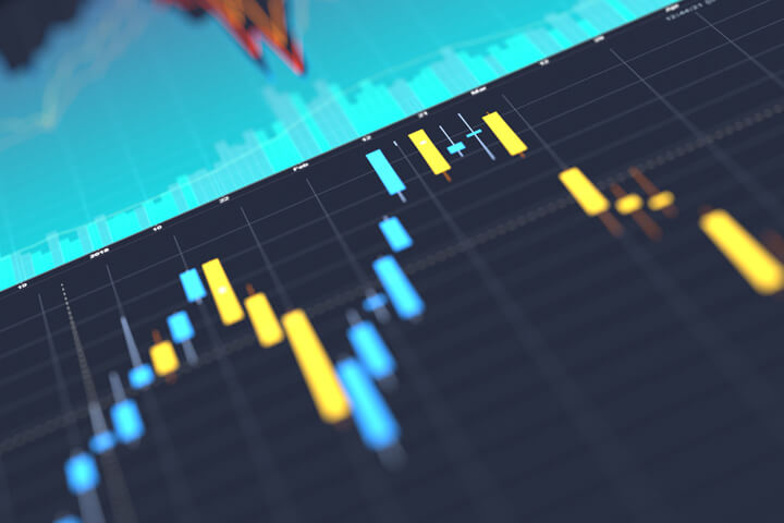 Stylized screenshots of stock price area and candlestick charts