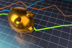 Gold piggy bank on line chart Shiny metallic gold piggy bank on top of glossy line chart with reflection