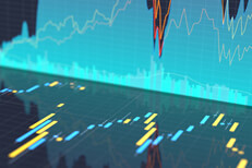 Area chart reflection Stock price area chart reflecting into glossy surface showing stock price candlestick chart
