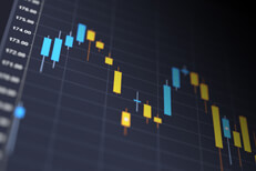 Candlestick stock price chart Blue and yellow candlestick chart showing stock price volatility
