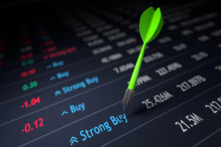Stock ticker with strong buy indicator stuck by green dart