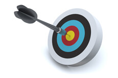 Dart in bulls eye Dart hits target bulls eye on white background