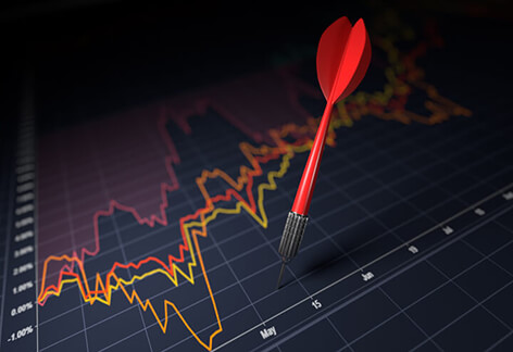 Stock picking with a dart Stock price chart on dark background with red dart randomly stuck into the chart