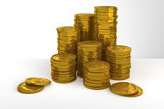 Free image of stacks of 100 dollar U.S. gold coins on white background