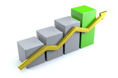 3D column chart with arrow Column chart with up arrow representing increase in value or markets over time