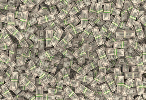 Free image showing millions of dollars in bundled U.S. currency falling from the sky in random pattern