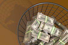 Top view trash can with money Trash can filled with money concept for waste or throwing money away view from top