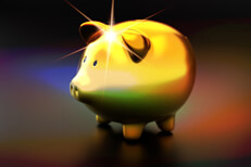 Golden piggy Metallic gold piggy bank with light burst and overlay effect
