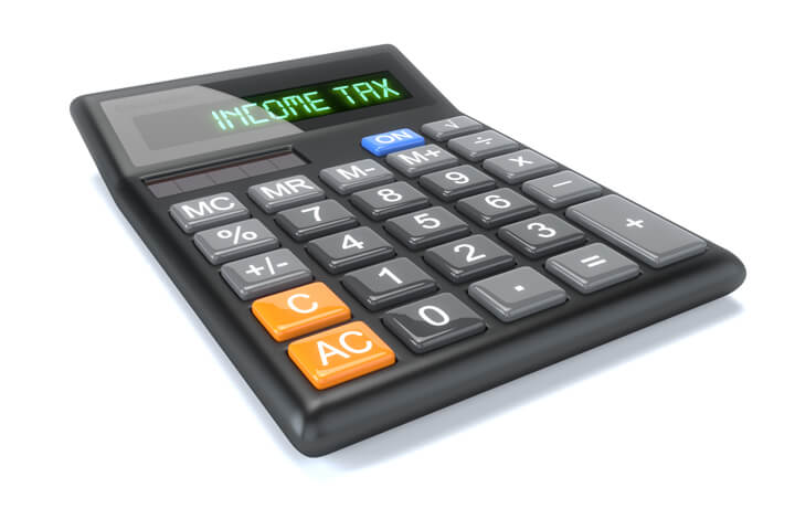Tax concept photo of calculator with LCD showing Income Tax isolated on white background