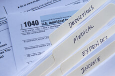 Manila folders with 1040 form Manila folders for income, expenses, medical, and deductions on 1040 IRS form
