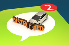 New text message accident Large message app icon with small car crashed into DISTRACTED letters on top