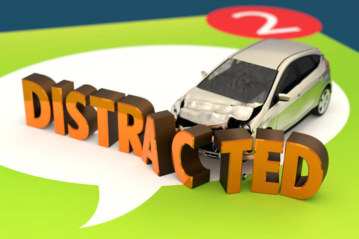 Large text message icon with new message indicator and small car crashed into DISTRACTED letters