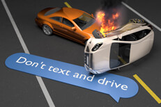 Dont text and drive Car accident on highway next to text message bubble reading Dont Text and Drive