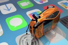 Cell phone app distracted driving Car accident on top of cell phone screen showing various app icons
