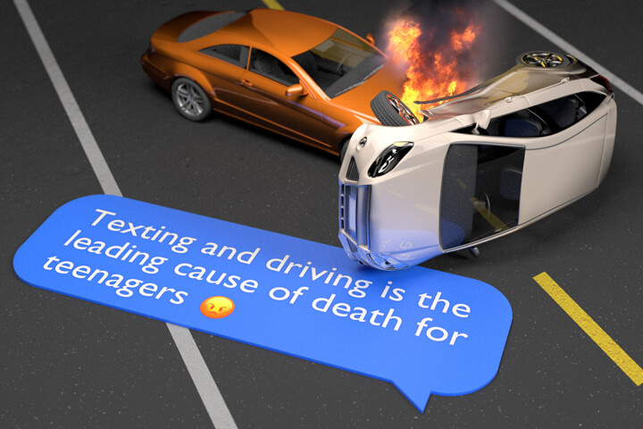 Car accident next to chat bubble showing texting while driving is the leading cause of death for teenagers