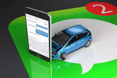 Car crashing into cell phone Car crashed into upright cell phone with texting screen on top of large message app icon
