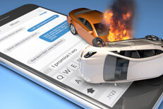 Car accident with fire on cell phone Two car accident with fire on top of iPhone with screen showing text messages